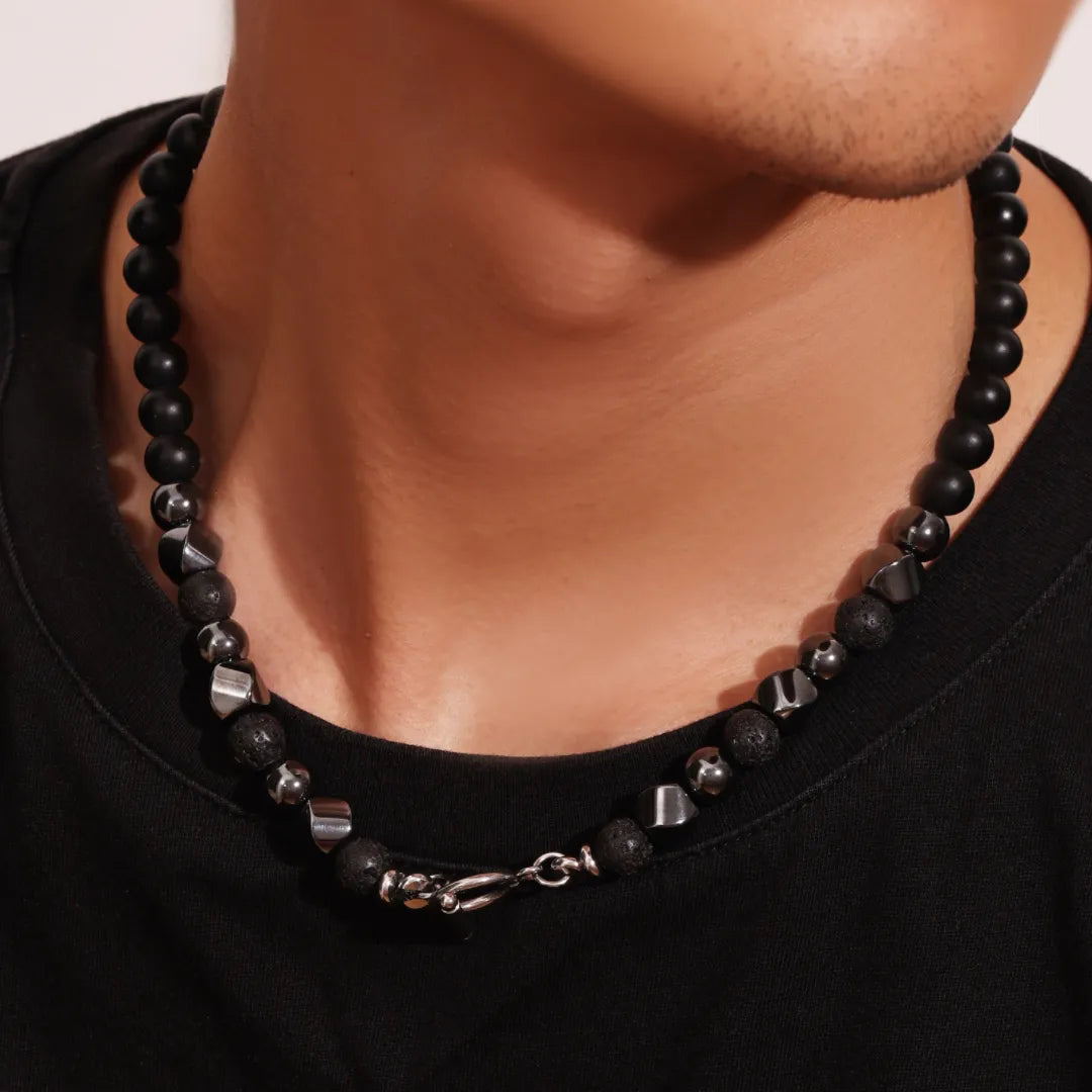 
Men's Hematite and Lava Stone Necklace "Dark Power"
