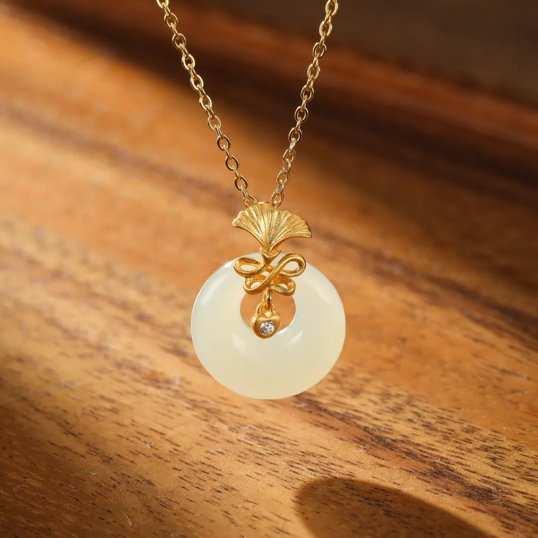 Ginkgo White Jade Necklace "Dance of Eternity" Gold-Plated Silver