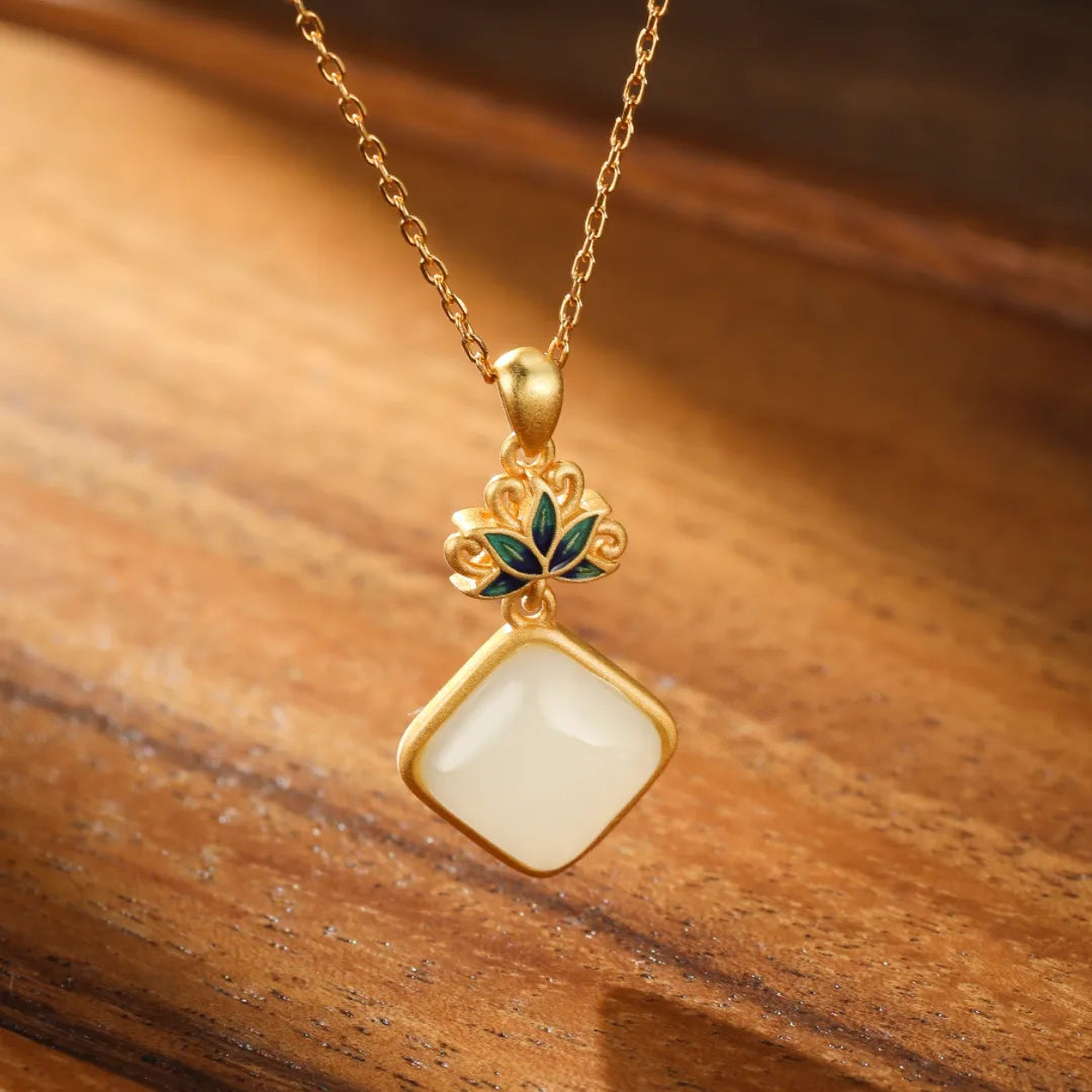 White Jade Necklace "Celestial Lotus" Gold-Plated Silver