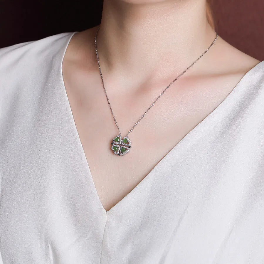 Collana Giada Trifoglio "Cuore di Fortuna" Argento