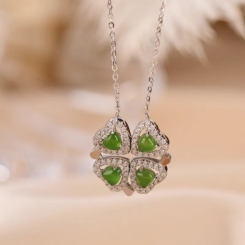 Collier Jade Trèfle "Cœur de Chance" Argent