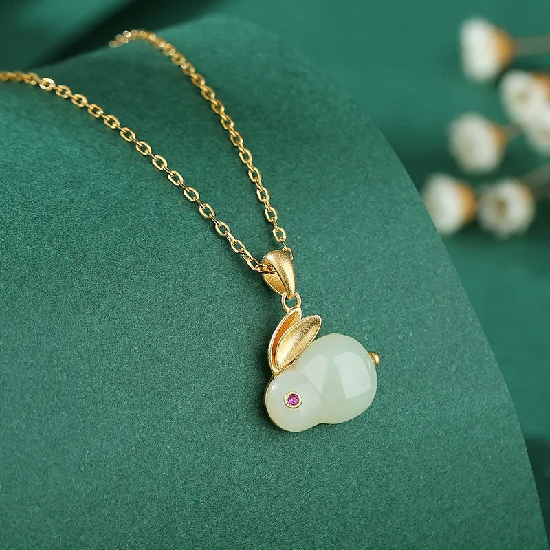 Jade Necklace "Soft Rabbit" Gold-Plated Silver