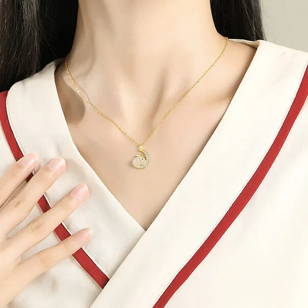 Lunar Rabbit Jade Necklace Gold-Plated Silver