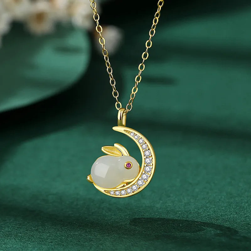 Lunar Rabbit Jade Necklace Gold-Plated Silver