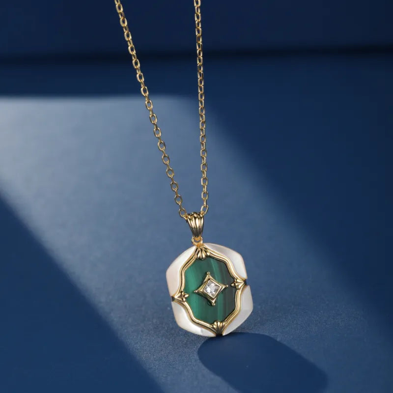 Malachite and Mother-of-Pearl Necklace "Pearly Nebula" Gold-Plated Silver