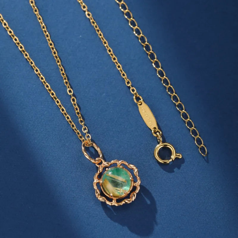 Malachite and Rutile Quartz Necklace ''Royal Dream'', Gold Plated Silver