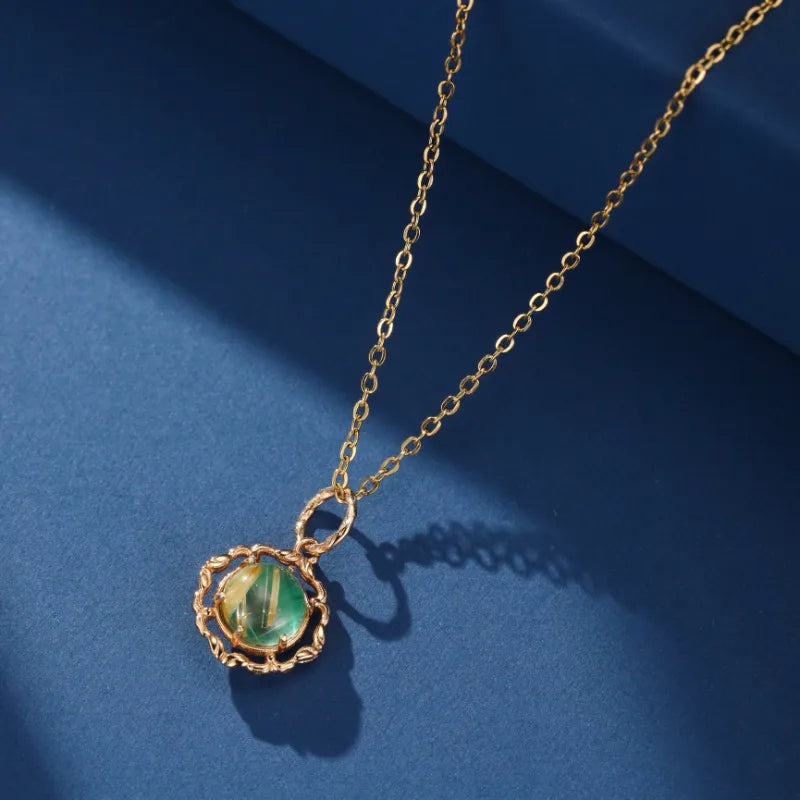 Malachite and Rutile Quartz Necklace ''Royal Dream'', Gold Plated Silver