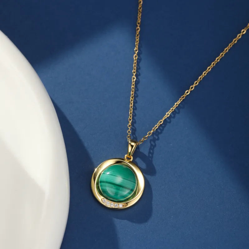 Malachite Necklace "Green Moon" Silver Plated Gold