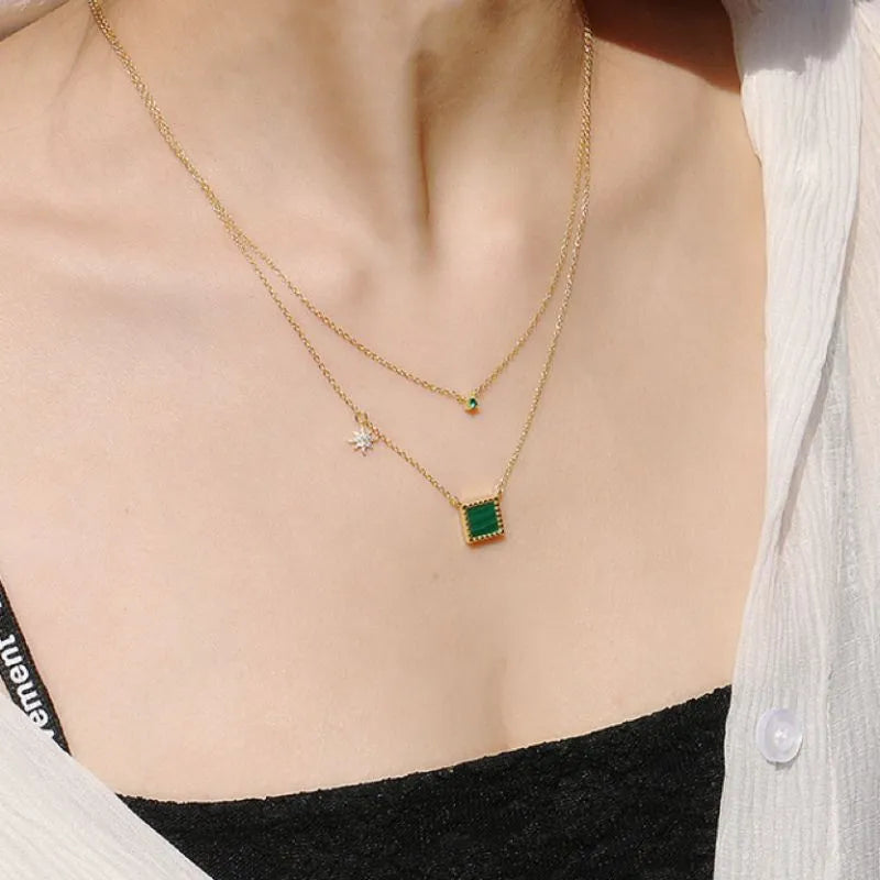 Collana Malachite e Zircone "Galassia" Argento Placcato Oro