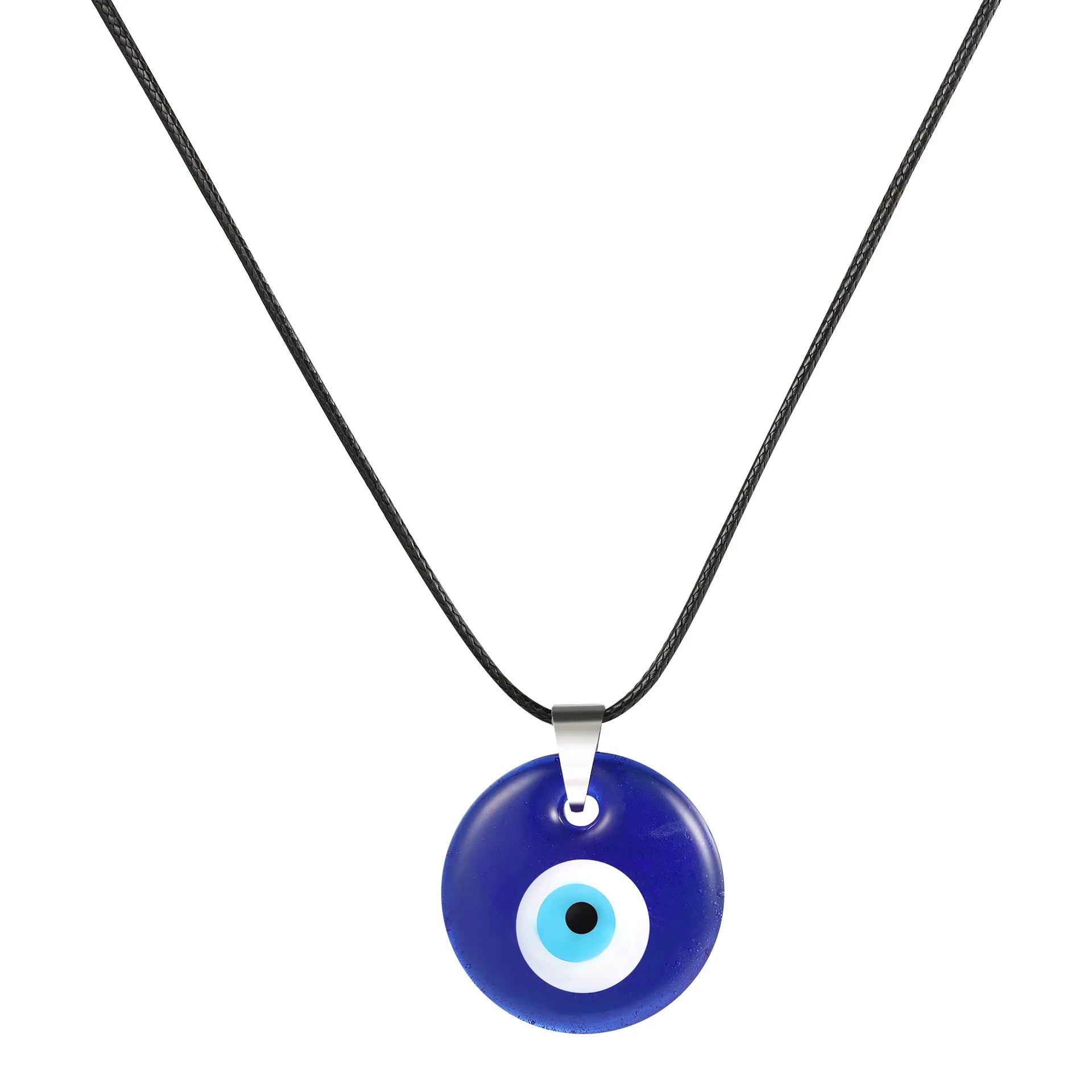 Collier avec un pendentif œil bleu, symbole de protection contre le mauvais œil, sur un cordon noir.