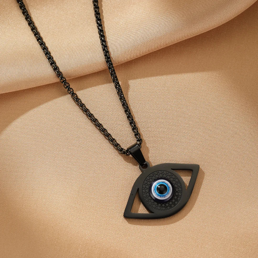 Collier avec pendentif œil du destin noir et bleu, chaîne gourmette en acier inoxydable, bijou de protection tendance.