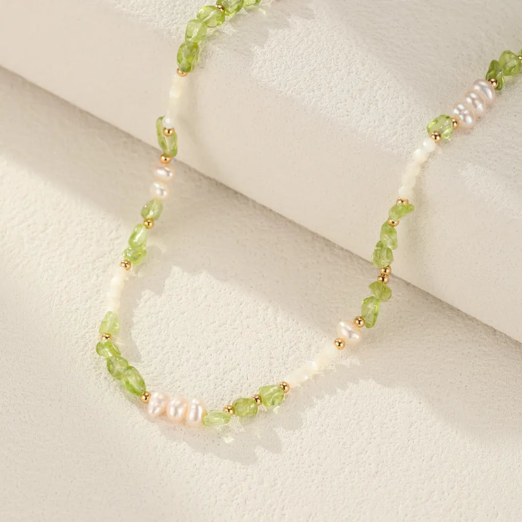 Collier Long Femme Péridot Vert Naturel Et Perles - Argent 925 - 98 Cm