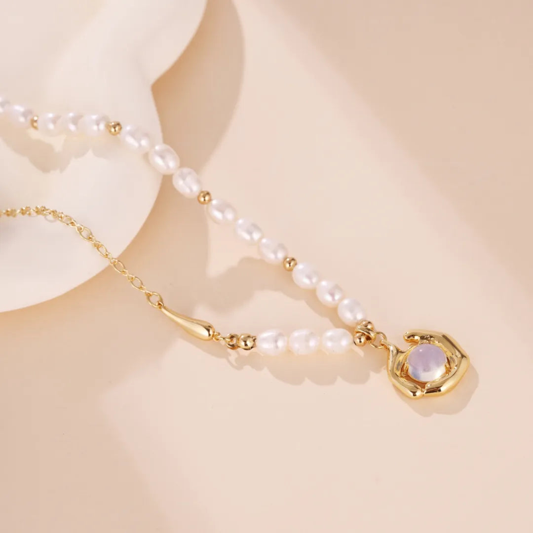 Freshwater Pearl and Opal Necklace "Marine Dance" Gold