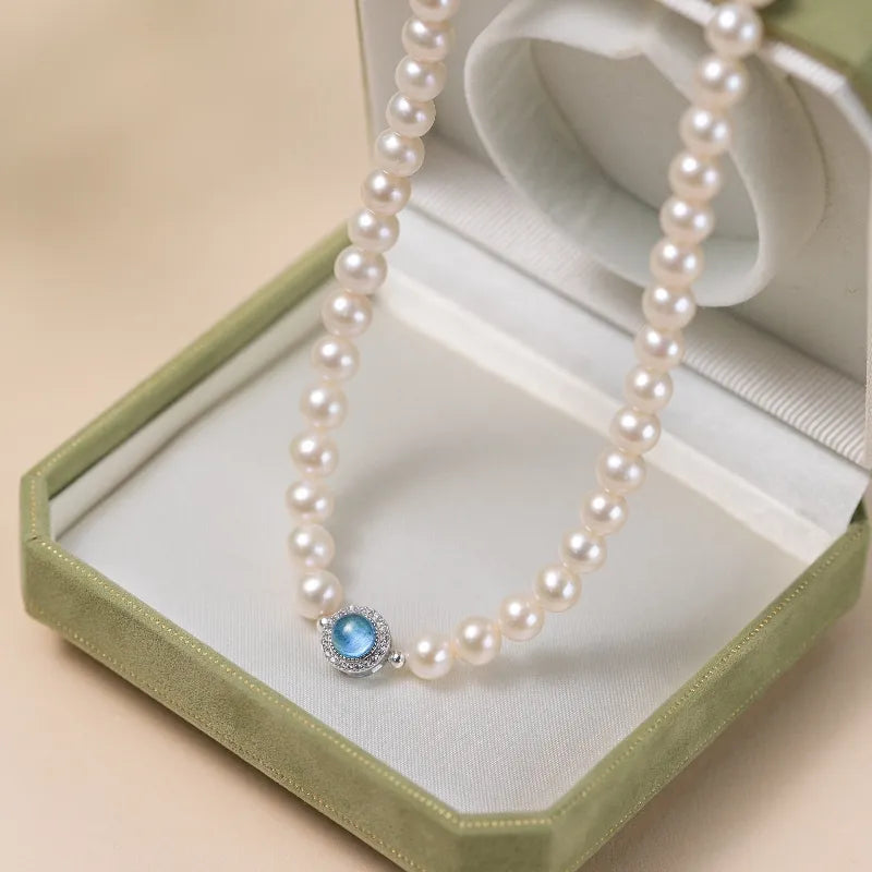 Oceanic Elegance Aquamarine Pearl Necklace Silver