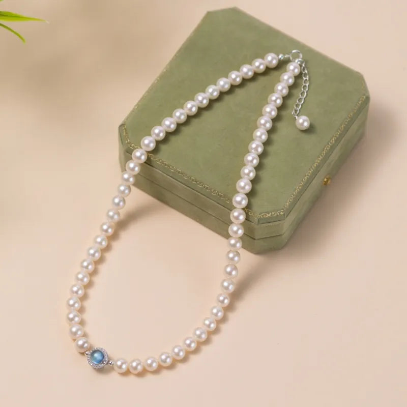 Oceanic Elegance Aquamarine Pearl Necklace Silver