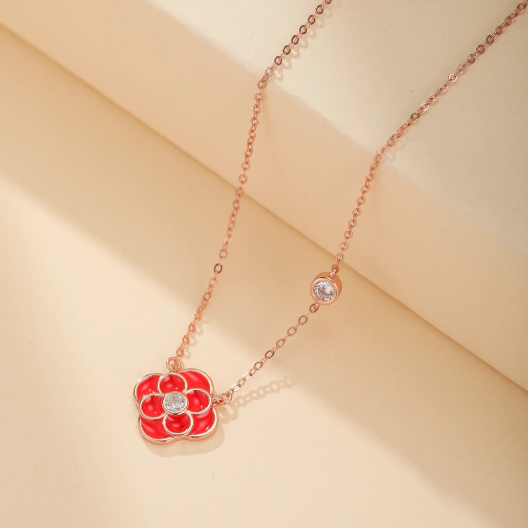 "Ruby Floral" Clover Necklace Silver