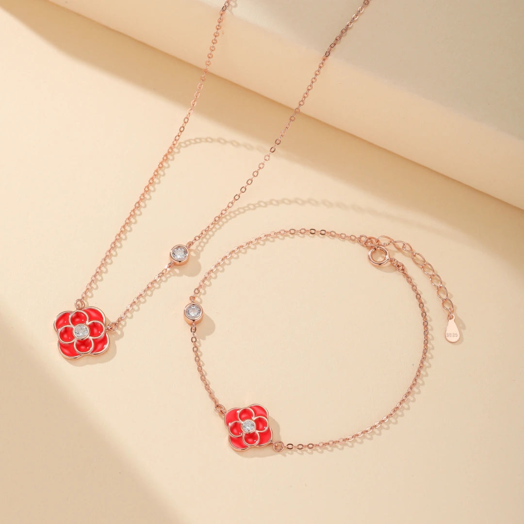 Collier Kleeblatt "Rubin Floral" Silber