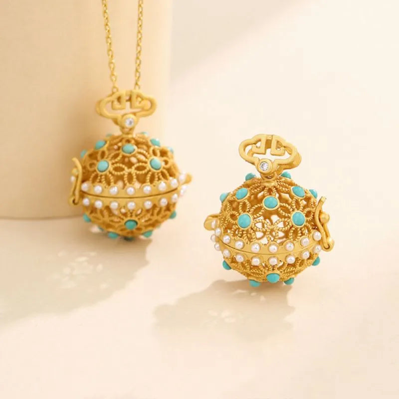 Turquoise Necklace "Floral Sphere" Gold-Plated Silver