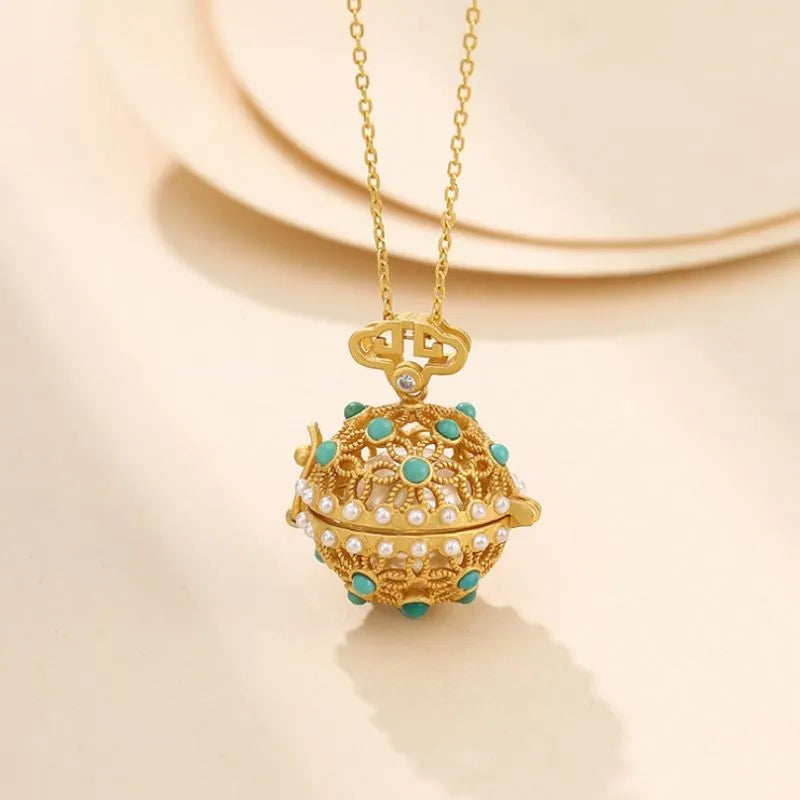 Turquoise Necklace "Floral Sphere" Gold-Plated Silver