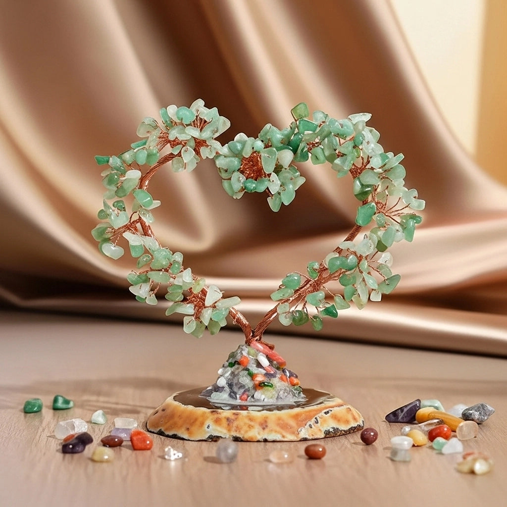 Arbre de vie en forme de cœur en aventurine verte avec un bracelet, posé sur une base en agate et entouré de pierres polies.