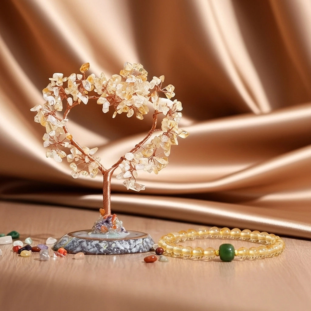 Coffret cadeau "Fortune" composé d'un arbre de vie en citrine et d'un bracelet assorti, présenté sur un fond satiné.