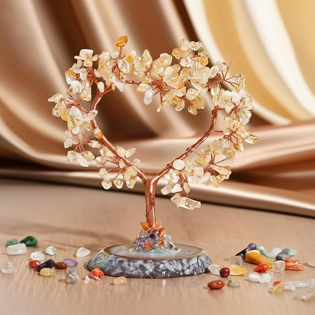 Arbre de vie en citrine en forme de cœur, avec un bracelet assorti et des pierres naturelles dispersées sur un fond de tissu satiné doré.
