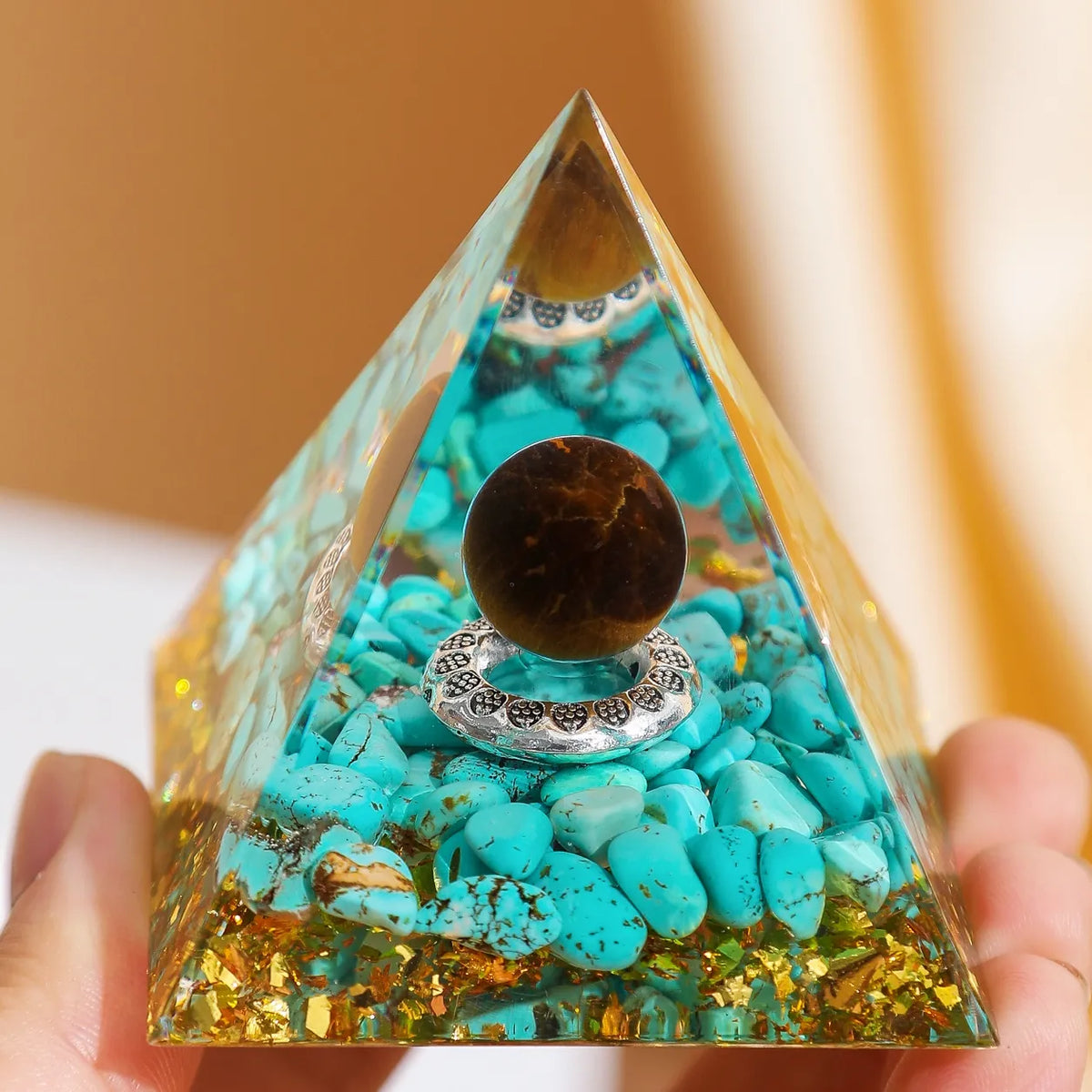 Energia guarigione trasparente cristallo vetro oro piramide con supporto Feng Shui Egitto egiziano statuine miniatura ornamenti artigianali (60mm