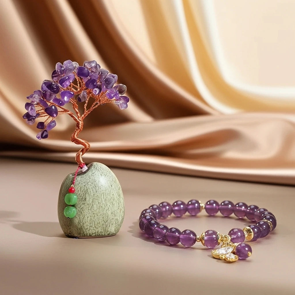 Coffret cadeau "Sérénité" avec un arbre de vie décoratif en améthyste et un bracelet assorti en améthyste, posés sur un fond satiné.