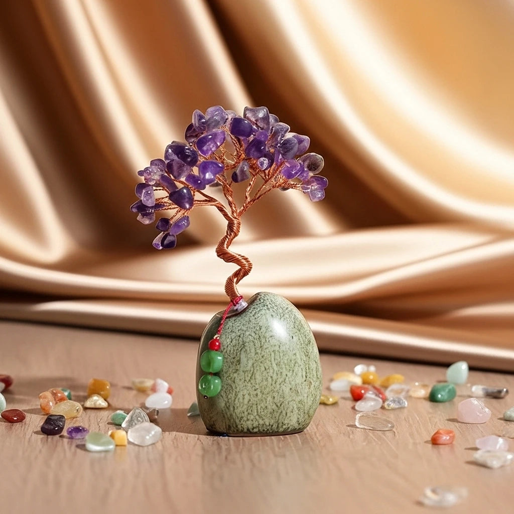 Arbre de vie décoratif fait de pierres d'améthyste violettes sur un socle en pierre verte, entouré de petites pierres colorées et d'un bracelet assorti.