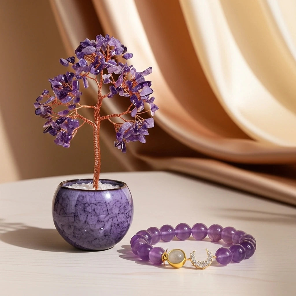 Coffret cadeau Sérénité : arbre de vie décoratif en améthyste et bracelet assorti avec fermoir lune et pierres de lune.
