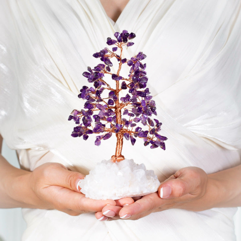 Sublime - Tree of Life in the Shape of a Fir in Amethyst and Clear Quartz