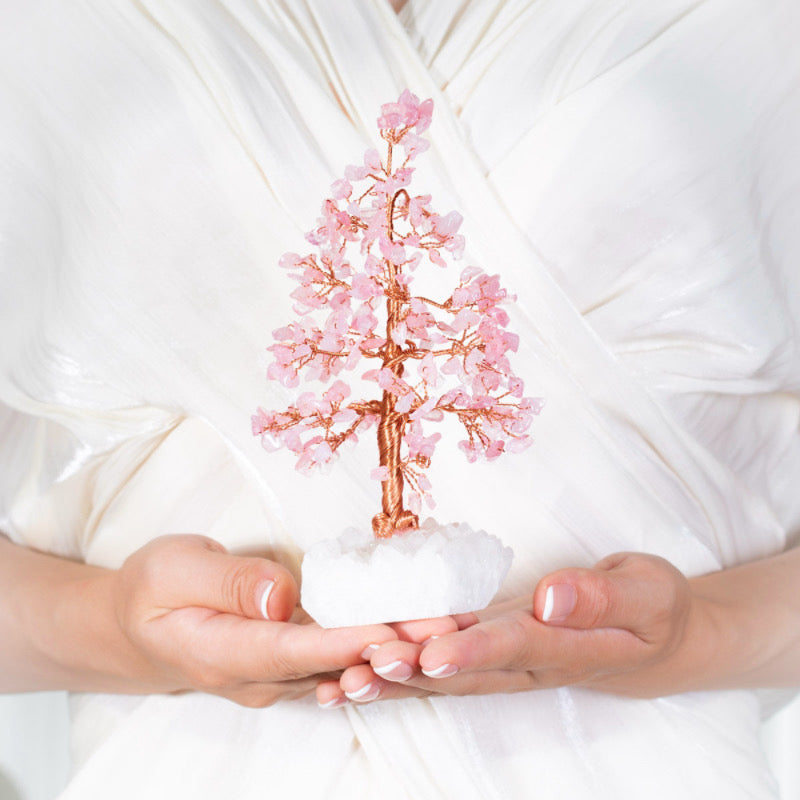 Sublime - Tree of Life in the Shape of a Fir in Rose Quartz and Clear Quartz