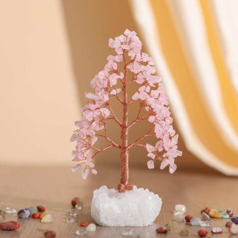 Sublime - Tree of Life in the Shape of a Fir in Rose Quartz and Clear Quartz